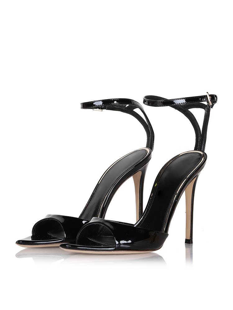 Black Patent Pointy Stiletto Heeled Dress Sandals With Buckle Ankle Strap