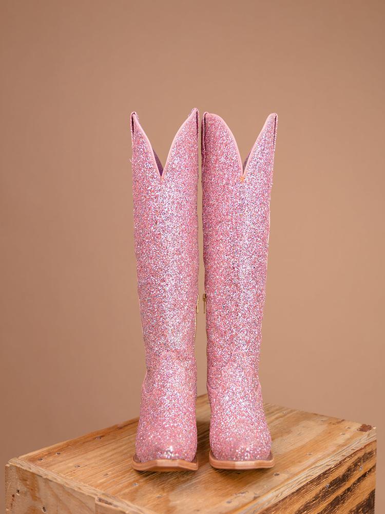 Glitter Snip Zipper Mid Calf Cowgirl Boots - Silver & Light Pink