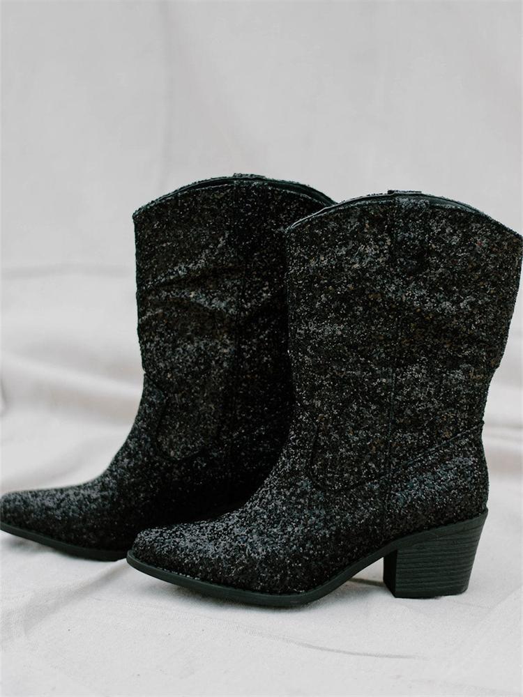 Glitter Pointed-Toe Slip-on Mid-Calf Western Boots