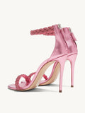 Metallic Pink Rhinestone Braid Strap Stiletto Heeled Sandals With Ankle Strap Round Toe Zip