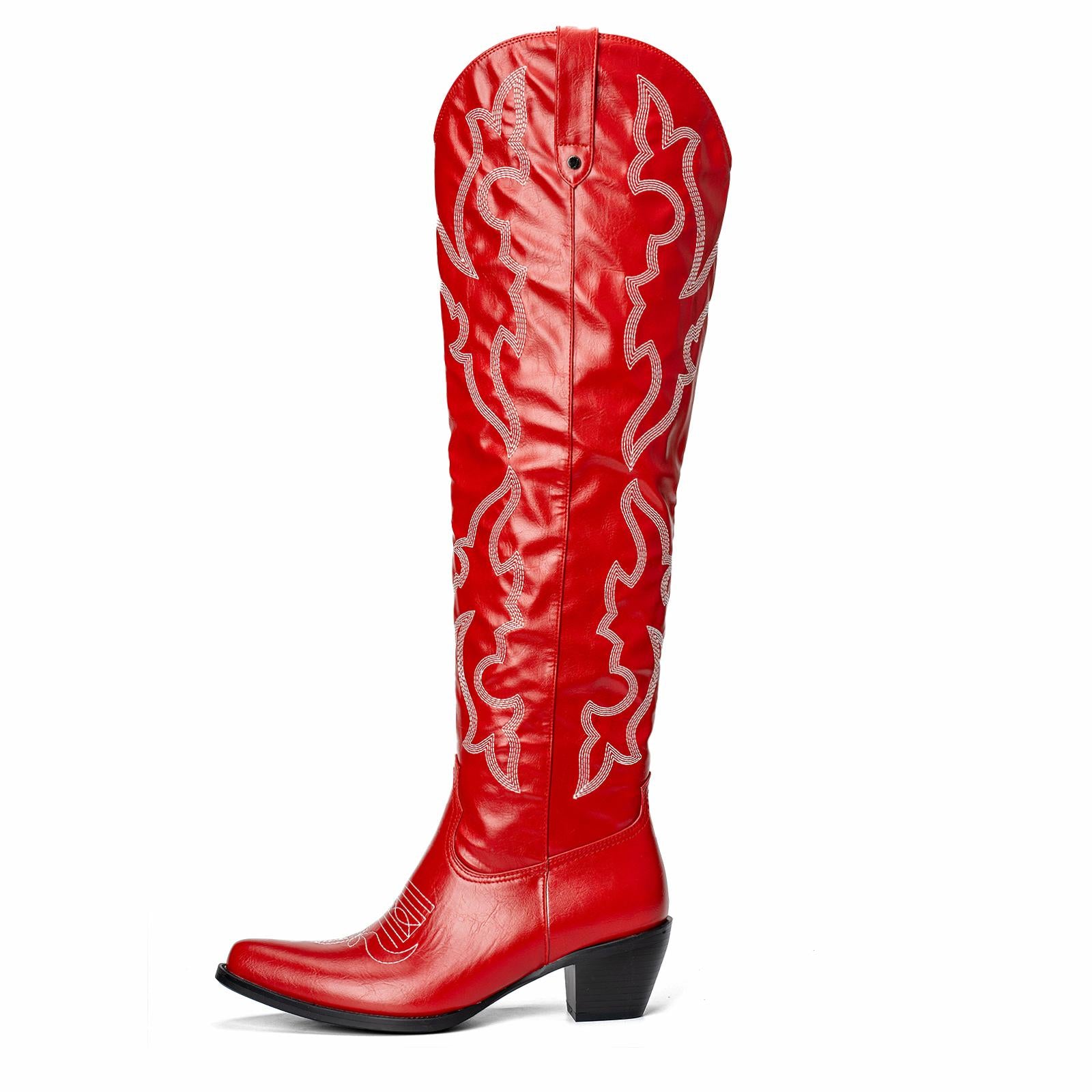 Red Embroidered Pointy Zipper Knee High Western Boots