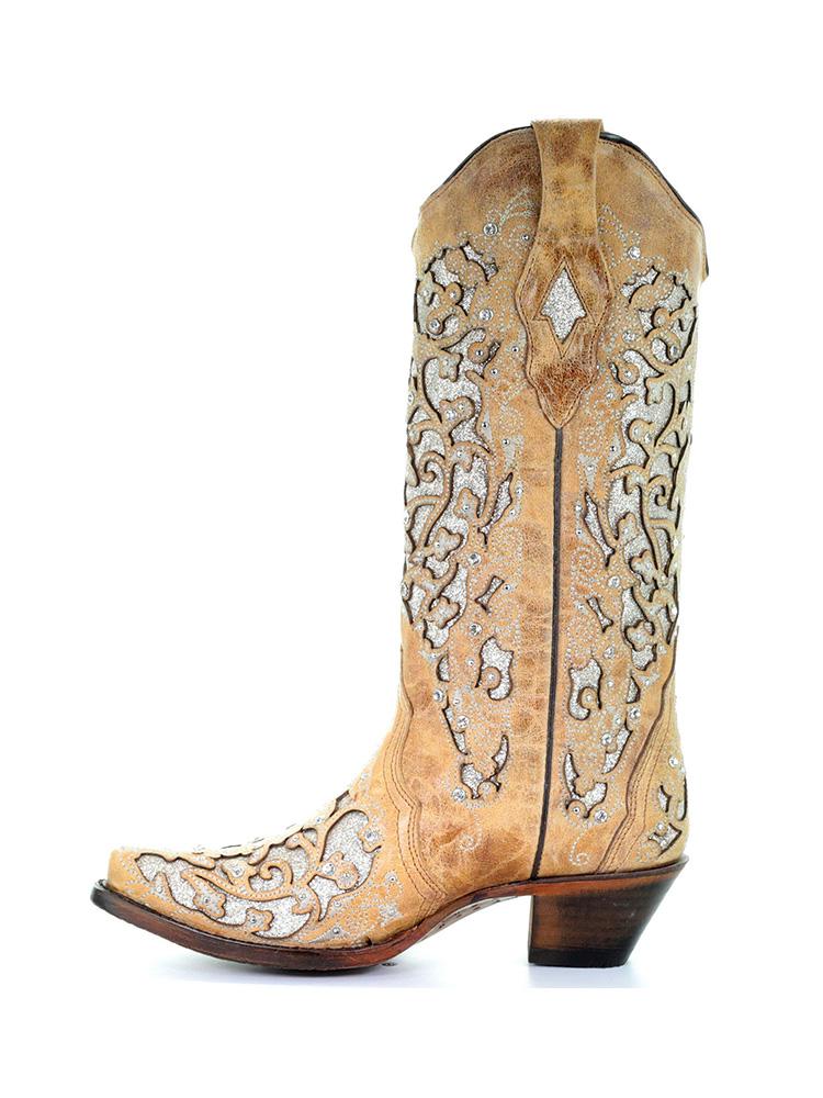 Rhinestones Cut-out Embroidery Snip-toe Wide Calf Cowgirl Boots