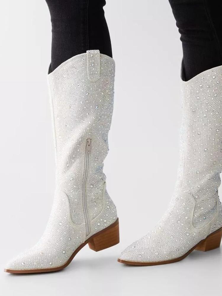 White Rhinestone Pointed Toe Zipper Mid Heel Western Mid Calf Boots