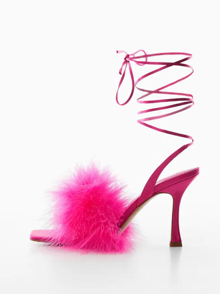 Pink Fluffy Feather Square Toe Flared Heeled Sandals Lace Up Gladiators