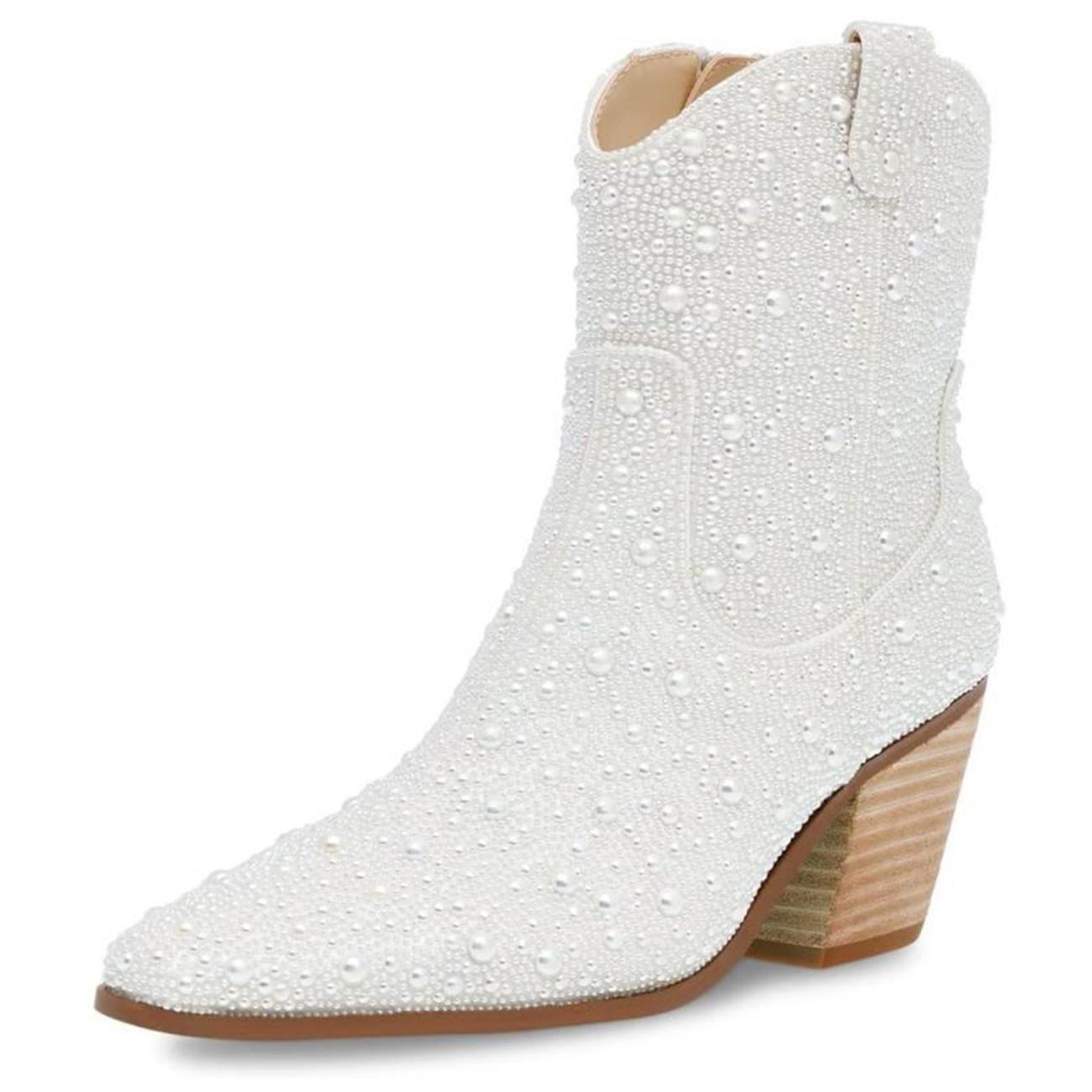 White Rhinestone Cowgirl Ankle Boots Block Heeled Western Booties