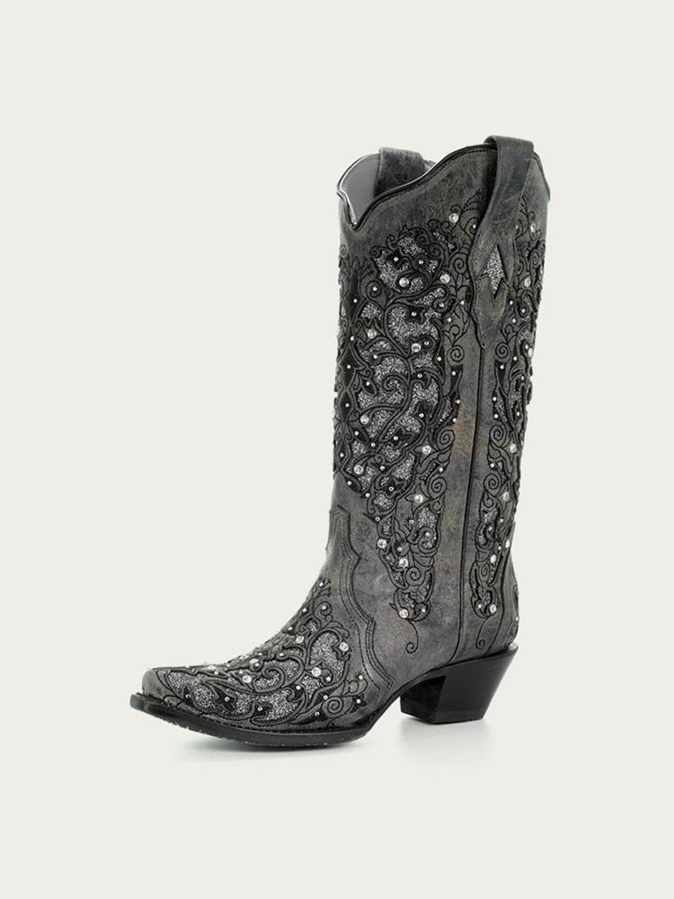 Rhinestones Cut-out Embroidery Snip-toe Wide Calf Cowgirl Boots