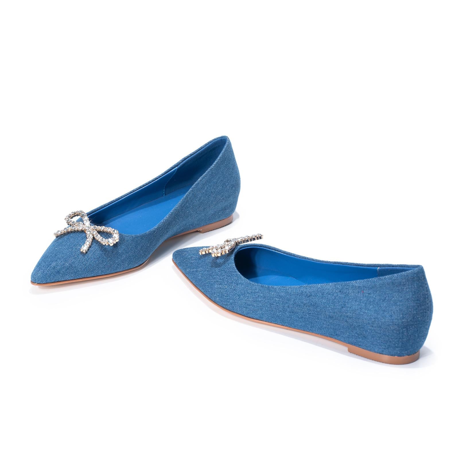 Blue Denim Rhinestone Bow Pointed Ballet Flats For Women