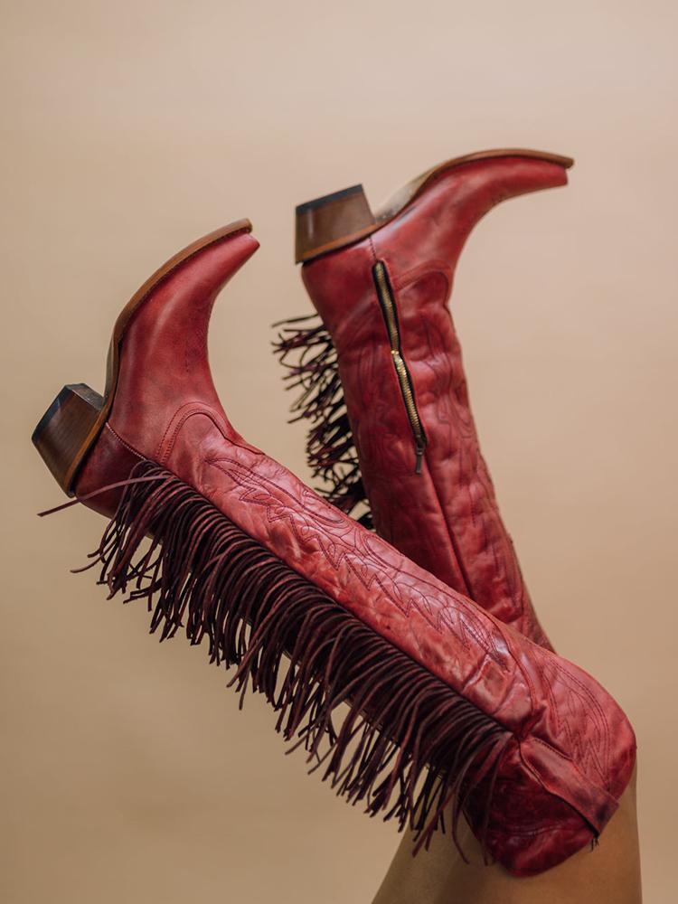 Eagle Wing Embroidered Fringe Snip Zip Knee High Western Boots