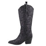 Glitter Zipper Pointy Mid Calf Cowgirl Boots In Gold Silver Black