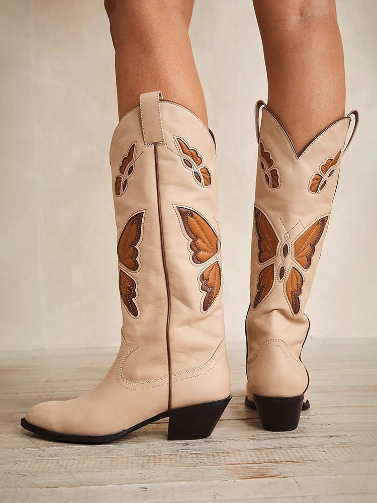 Butterfly Inlay Stitch Pointy Wide Mid Calf Cowgirl Boots - Blue & Tan
