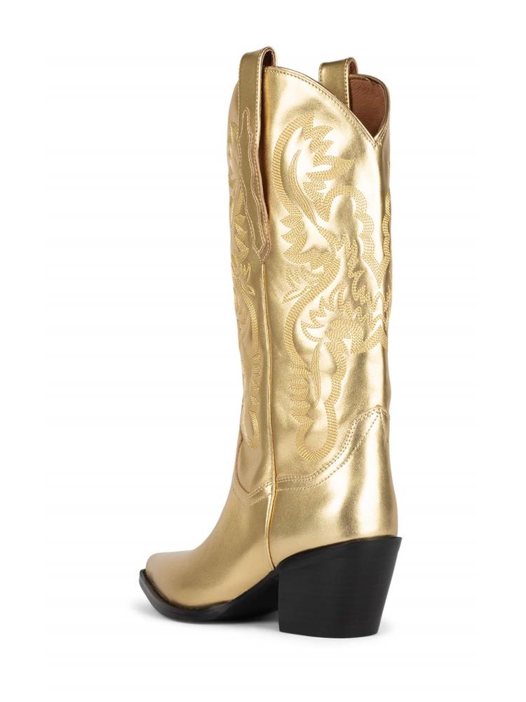 Classic Metallic Bright Embroidered Slip-On Mid Calf Pointed-Toe Chunky Heel Western Chelsea Boots