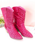 Glitter Round Toe Slanted Heel Western Cowgirl Wide Mid Calf Boots