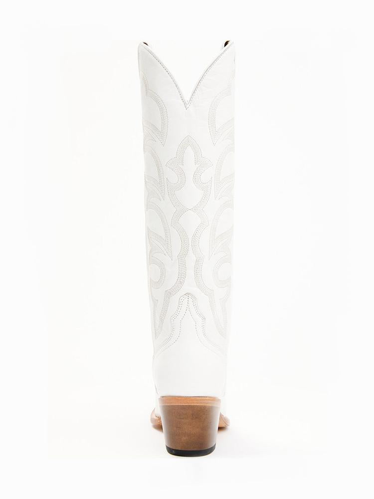 White Embroidered Pointed-toe Slip-on Wide Mid-Calf Western Boots With Chunky Heel