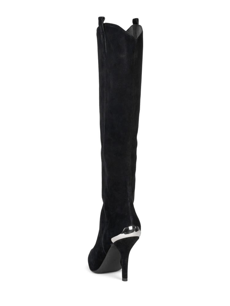 Fashion Denim Mid-Calf Silvery Toe Pointed-Toe Stiletto Heel Boots