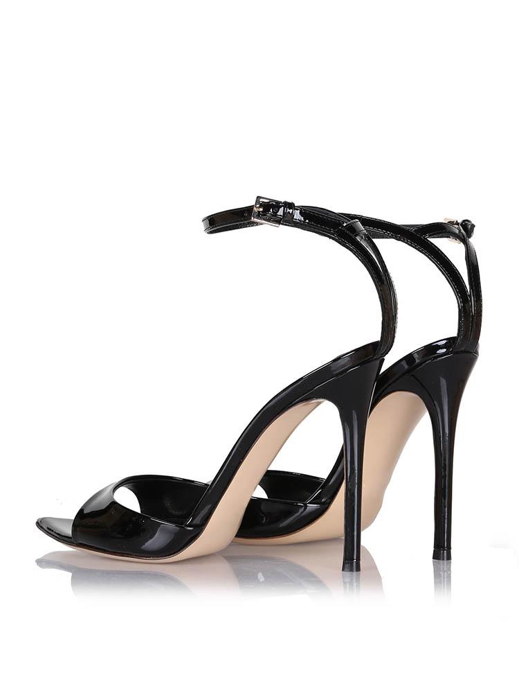 Black Patent Pointy Stiletto Heeled Dress Sandals With Buckle Ankle Strap