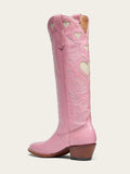 Pink Embroidered Inlay Heart Wide Calf Knee High Boots Round Toe Chunky Heeled Western Boots