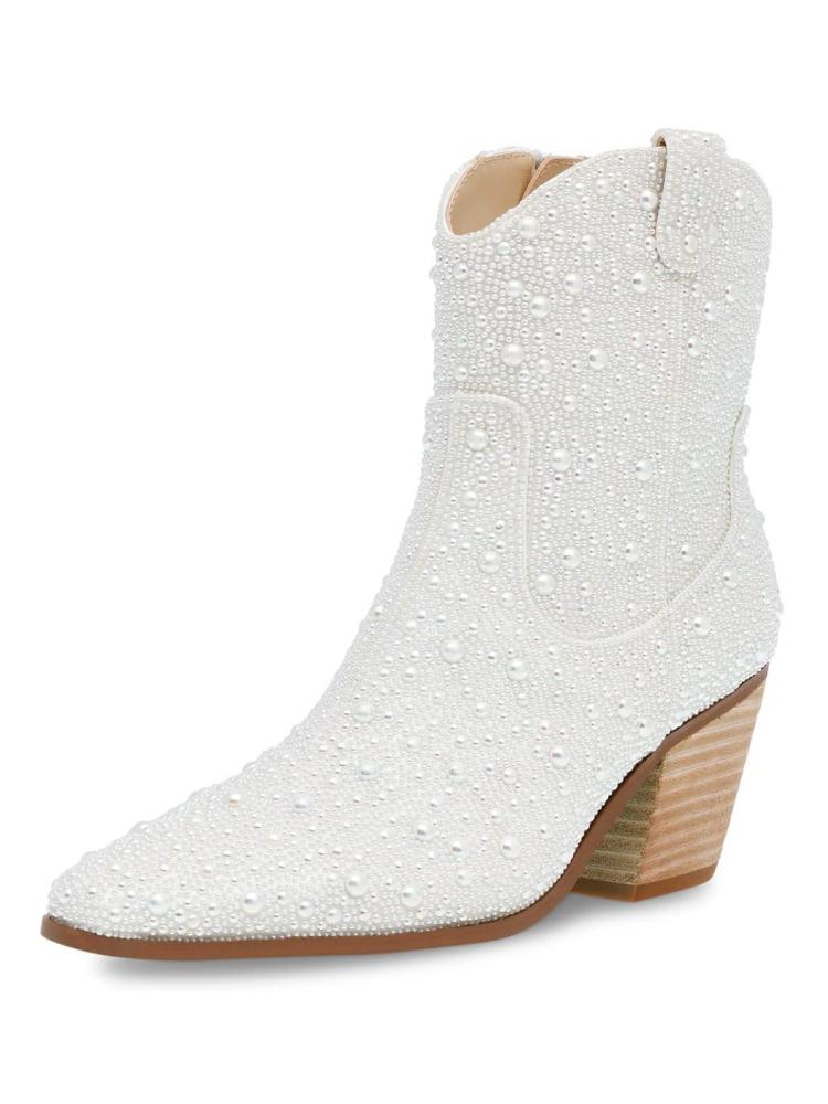 White Rhinestone Cowgirl Ankle Boots Block Heeled Western Booties – Pasuot
