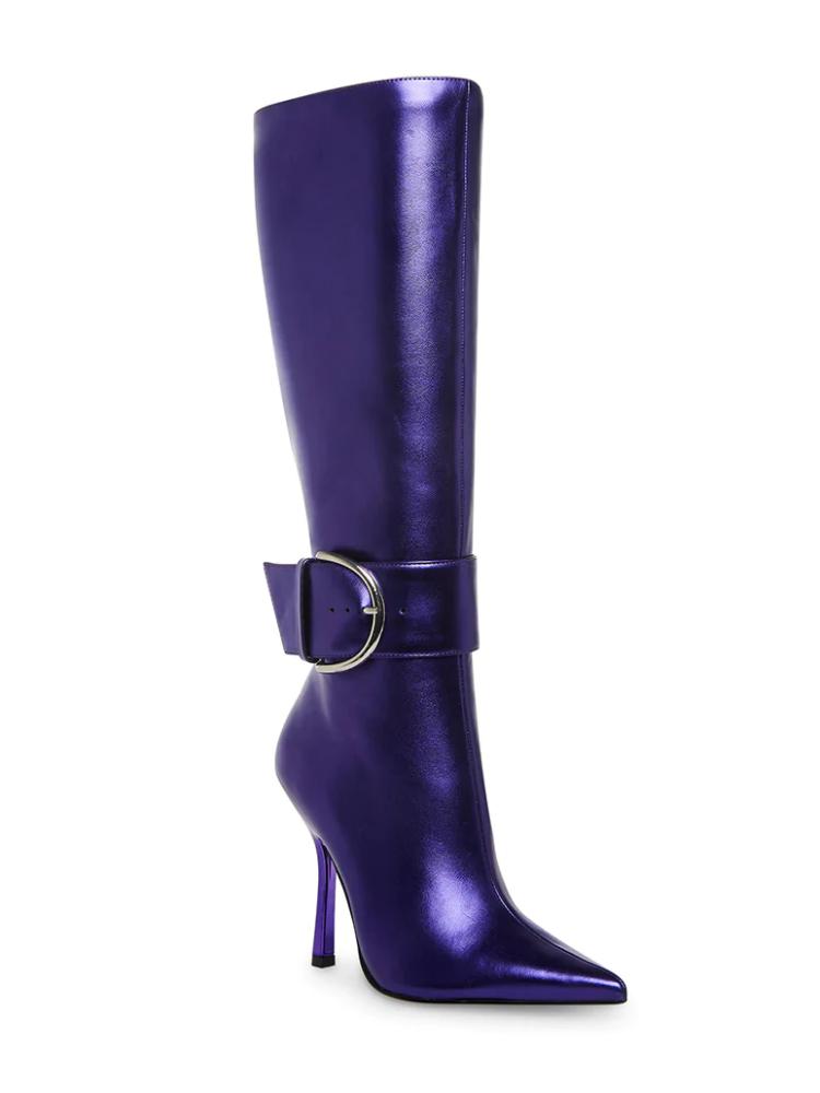 Fine Metallic Bright Buckle Zip Pointed Toe Stiletto Heel Mid Calf Boots