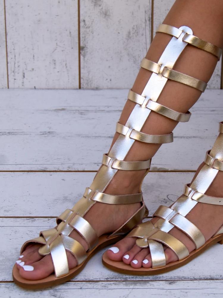 Metallic Buckled Multi-Strap Round Toe Zip Mid Calf Flat Gladiator Sandals