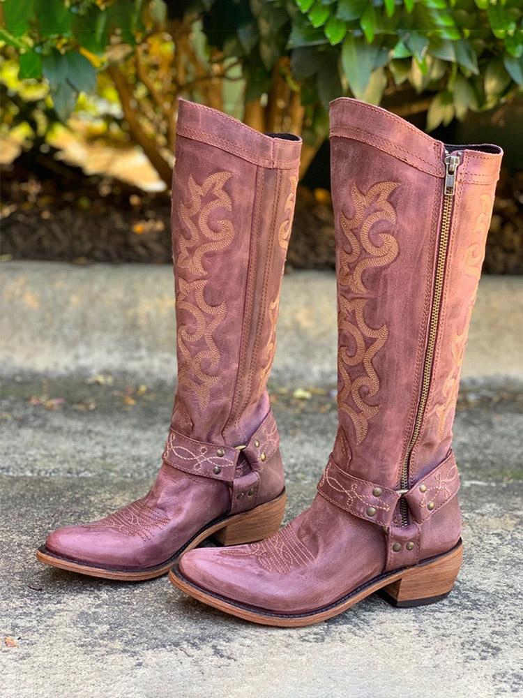 Embroidered Band With Metal Rings Pointed-toe Zip Mid-Calf Western Cowgirl Boots