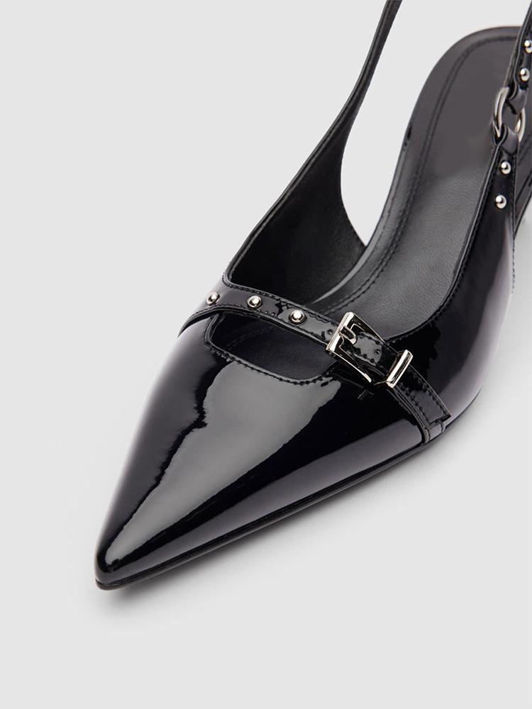 Black Patent Stud Buckled Slingback Pointy Kitten Pumps