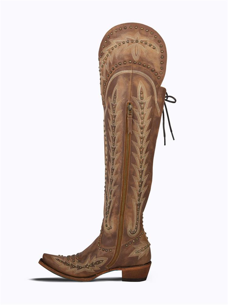 Bronze Grass Embroidered & Studded Zip Lace-Up Snip Toe Knee-High Western Boots