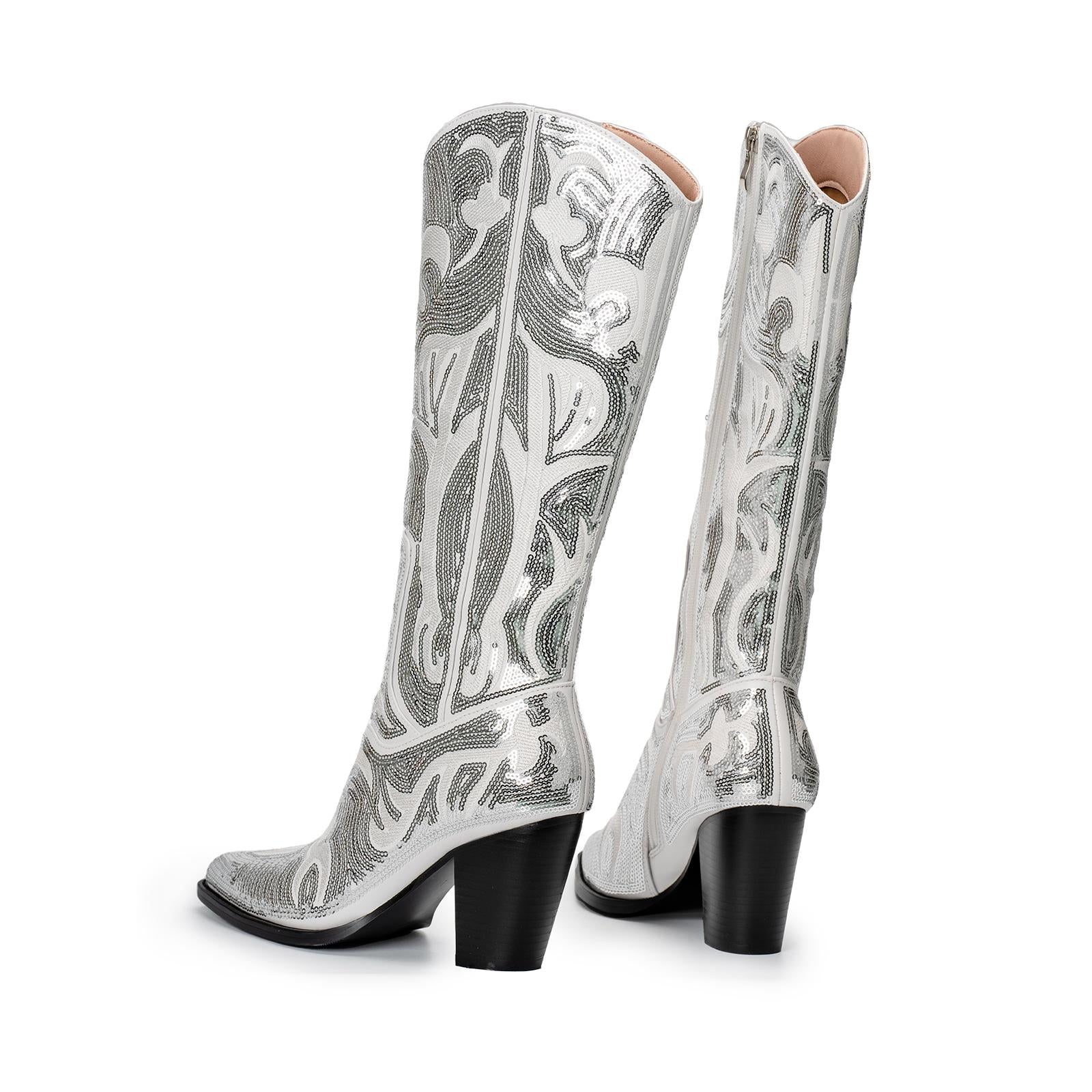 Sequin Pointed Toe Slanted Heel Western Mid Calf Boots