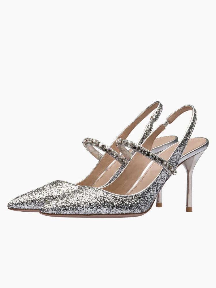 Silver Glitter Instep Strap Pointy Stiletto Slingback Pumps