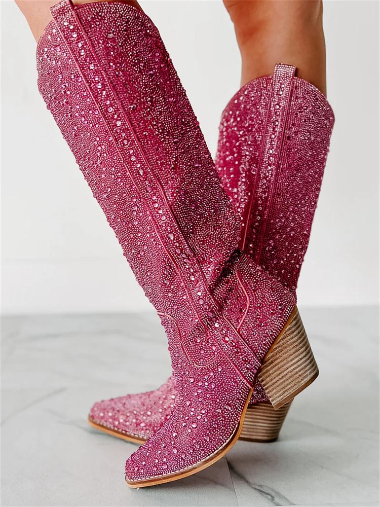 Pink Rhinestone Pointy Slip-on Mid-Calf Cowgirl Boots