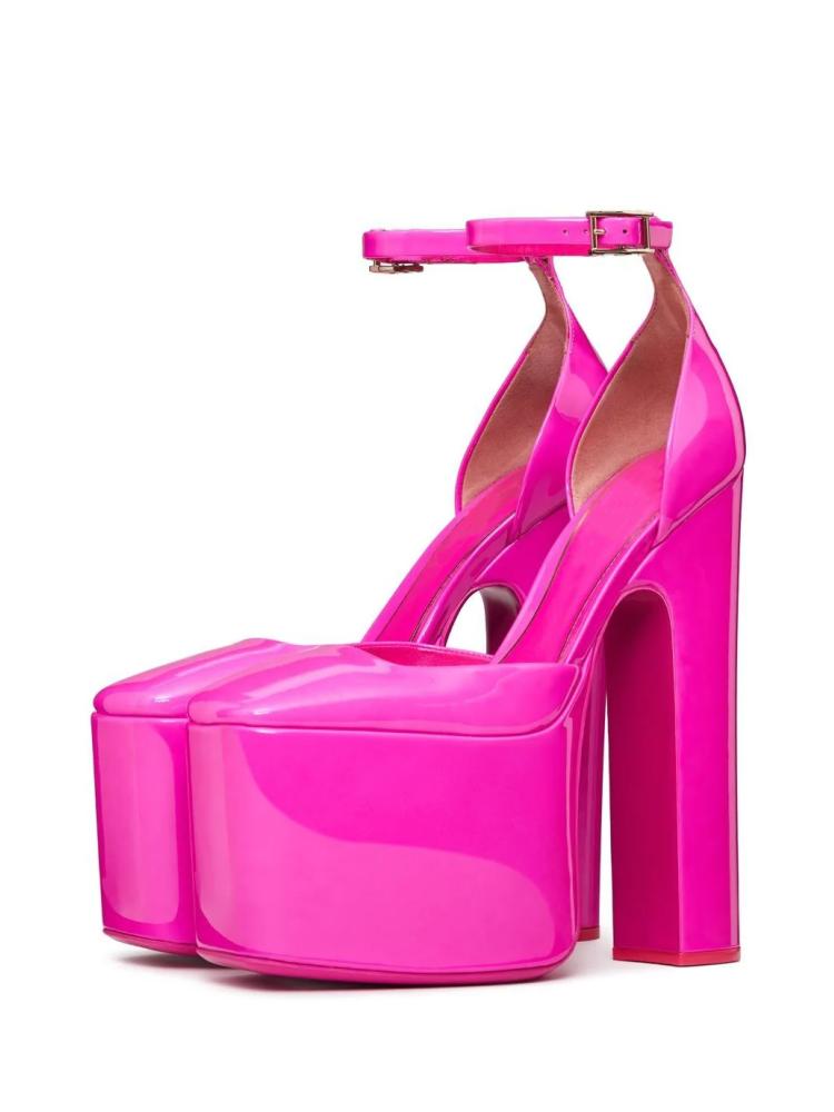 Hot Pink Patent Platform Square Toe Block High Heeled Pumps With Buckled Ankle Strap