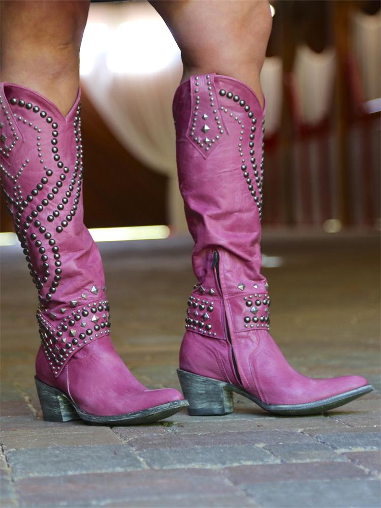 Pink Studded Pointy Mid-Calf Western Boots