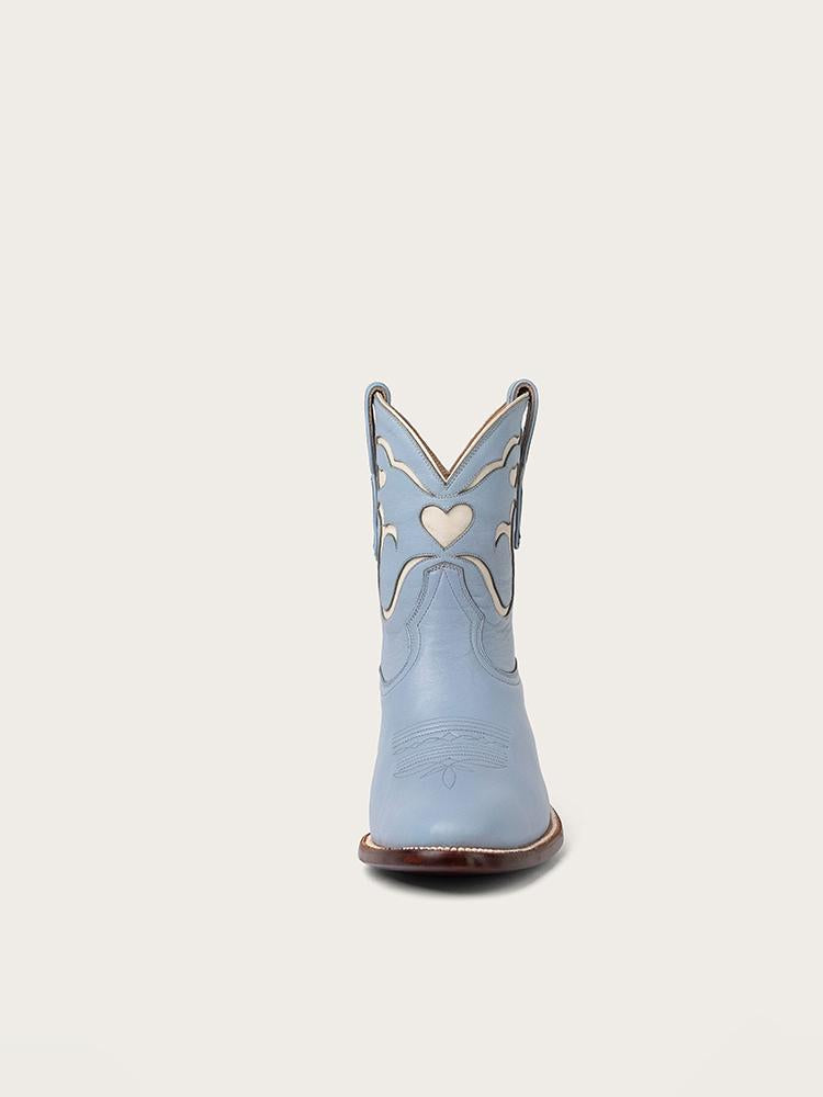 Blue Stitch White Heart Inlay Round Slip-On Women Cowgirl Ankle Booties