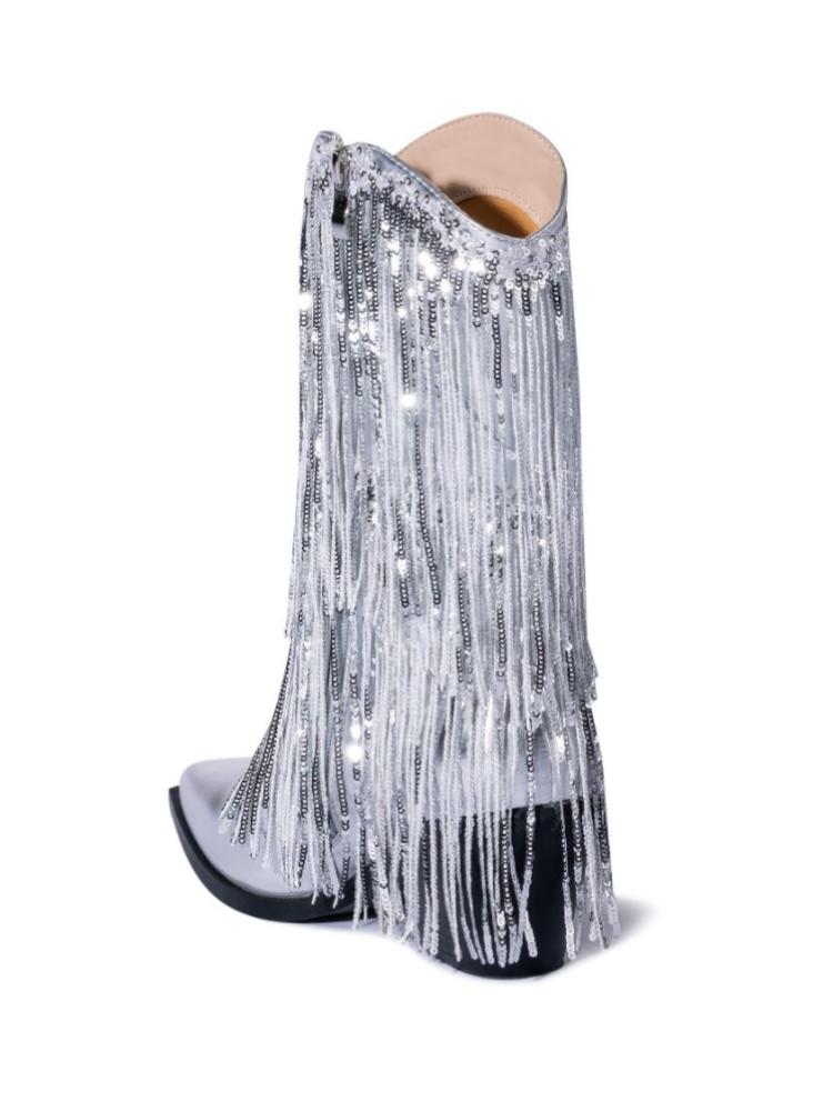 Metallic Sequin Fringed Zipper Pointy Chunky Heeled Western Cowgirl Ankle Boots