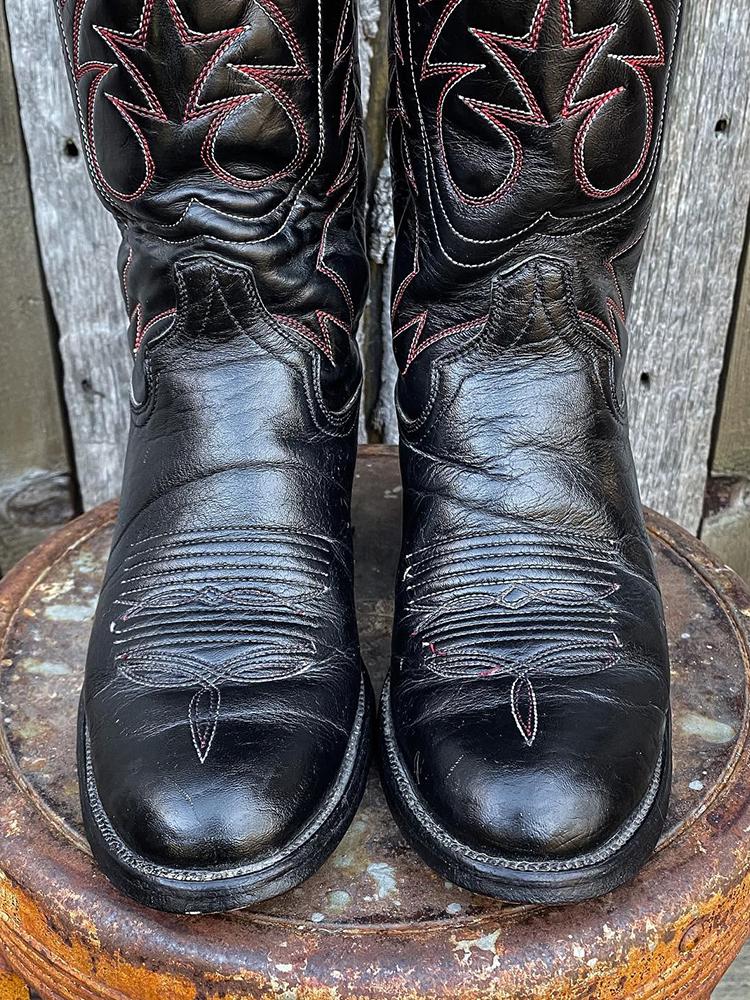 Black Vegan Leather Embroidery Round-toe Slip-on Wide Mid-Calf Cowgirl Boots With Chunky Heel