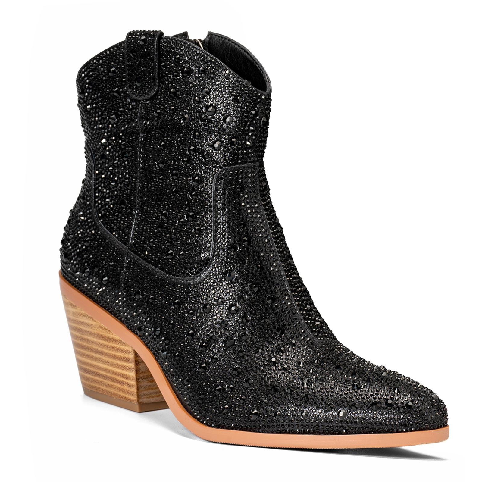 Black Rhinestone Cowgirl Ankle Boots Block Heeled Western Booties