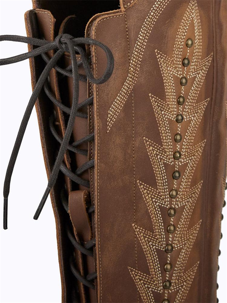 Bronze Grass Embroidered & Studded Zip Lace-Up Snip Toe Knee-High Western Boots