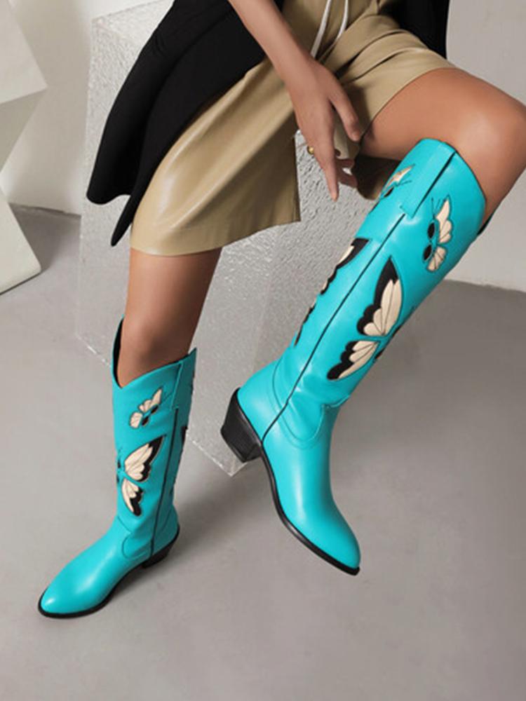 Butterfly Embroidery Pointed-toe Chunky Heels Wide Slip-on Knee High Cowgirl Boots