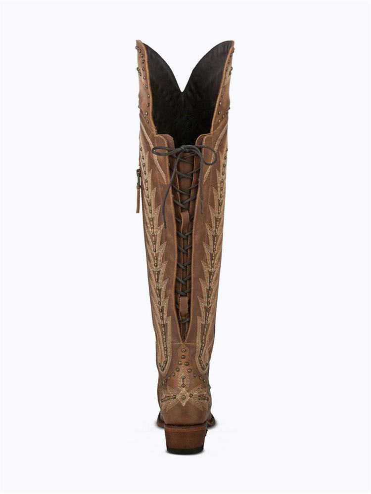 Bronze Grass Embroidered & Studded Zip Lace-Up Snip Toe Knee-High Western Boots