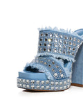 Square Rhinestones Frayed Open-toe Slip-on Denim Double Platform Sandals