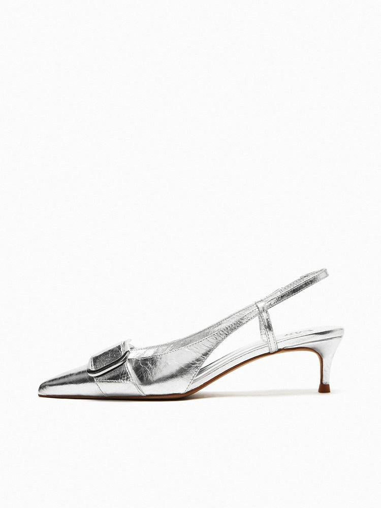 Metallic Silver Buckle Detail Slingback Pumps With Pointy Toe Kitten Heel