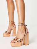 Platform Knot Block Heeled Sandals With Wraparound Ankle Strap Round Toe