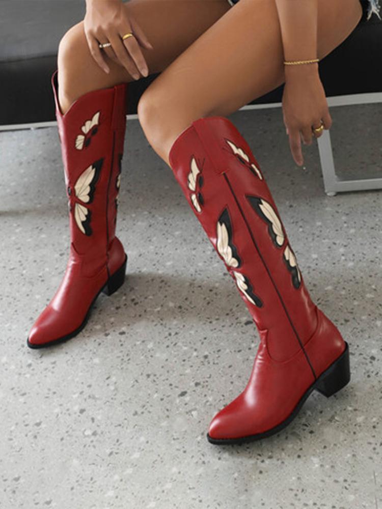 Butterfly Embroidery Pointed-toe Chunky Heels Wide Slip-on Knee High Cowgirl Boots