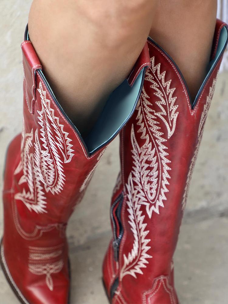 Embroidered Pointy Zip Mid Calf Tall Cowgirl Retro Boots