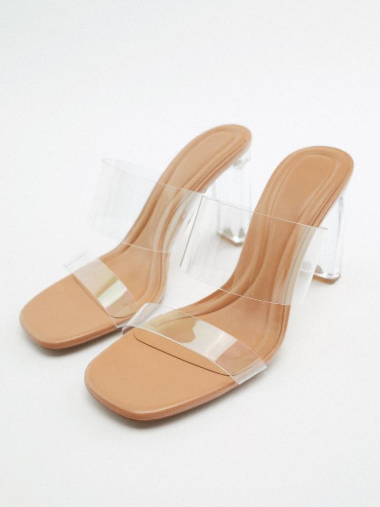 Clear Two Band Block Heel Round-Toe Sandals Mules Slippers