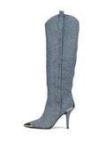 Fashion Denim Mid-Calf Silvery Toe Pointed-Toe Stiletto Heel Boots