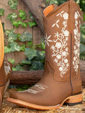 Women Mid Calf Cowboy Boots Embroidered Floral Square Toe Chunky Heel Western Boots