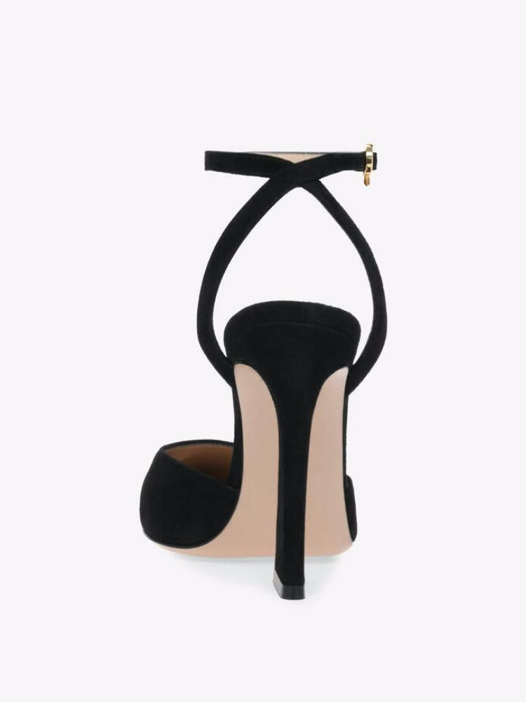 Women's Black Pumps For Wide Feet Ankle Strap Ribbon Buckle High Heeled Pumps