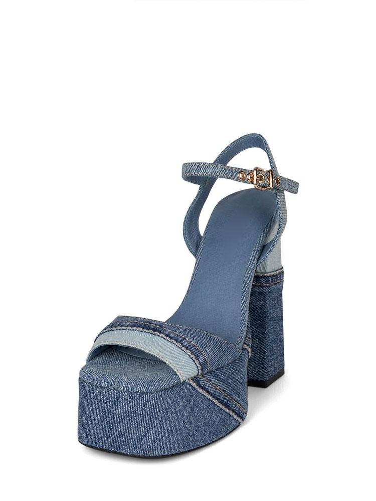 Blue Denim Patchwork Platform Chunky Heeled Sandals With Square Toe Buckle Ankle Strap