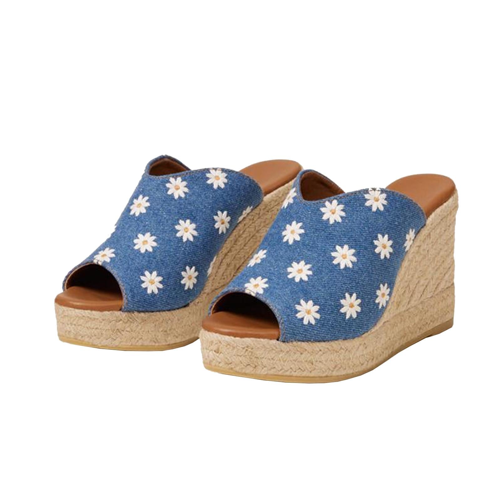 Denim Blue Daisy Embroidered Round Single Band Backless Slp-On Raffia Wdege Espadrilles Sandals