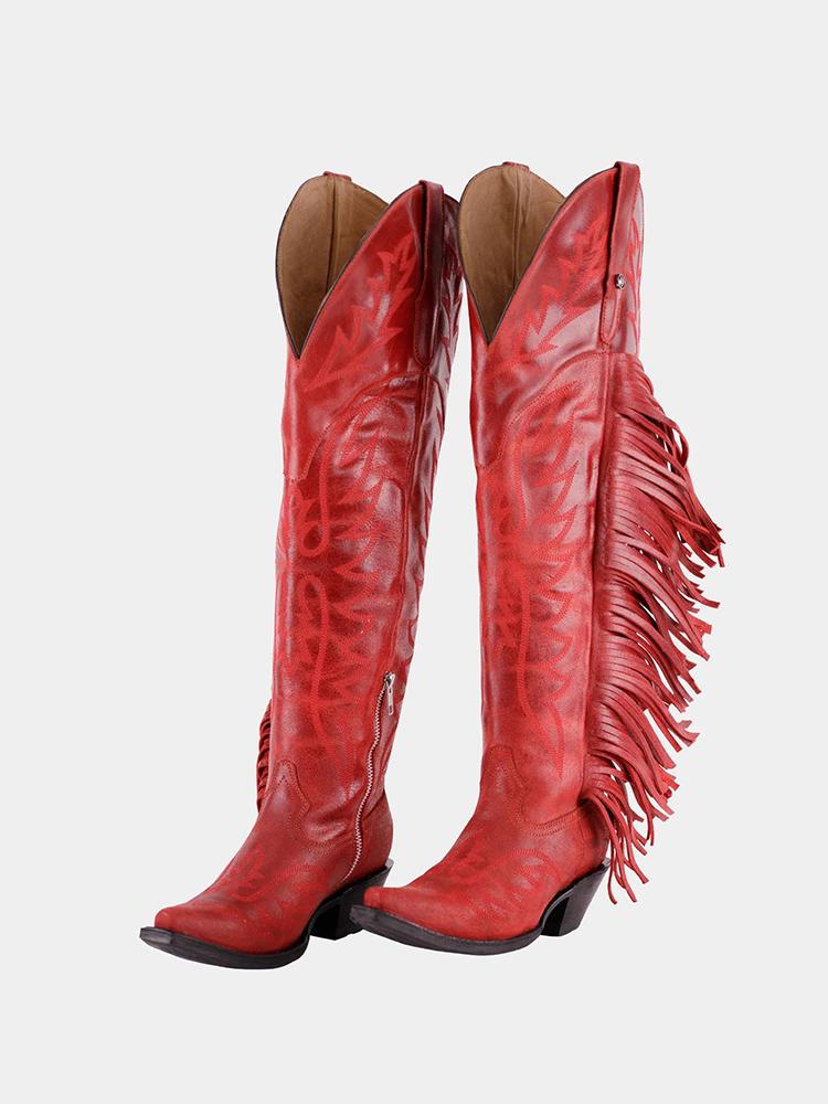 Red Fringe Embroidered Snip Zipper Knee High Cowgirl Boots